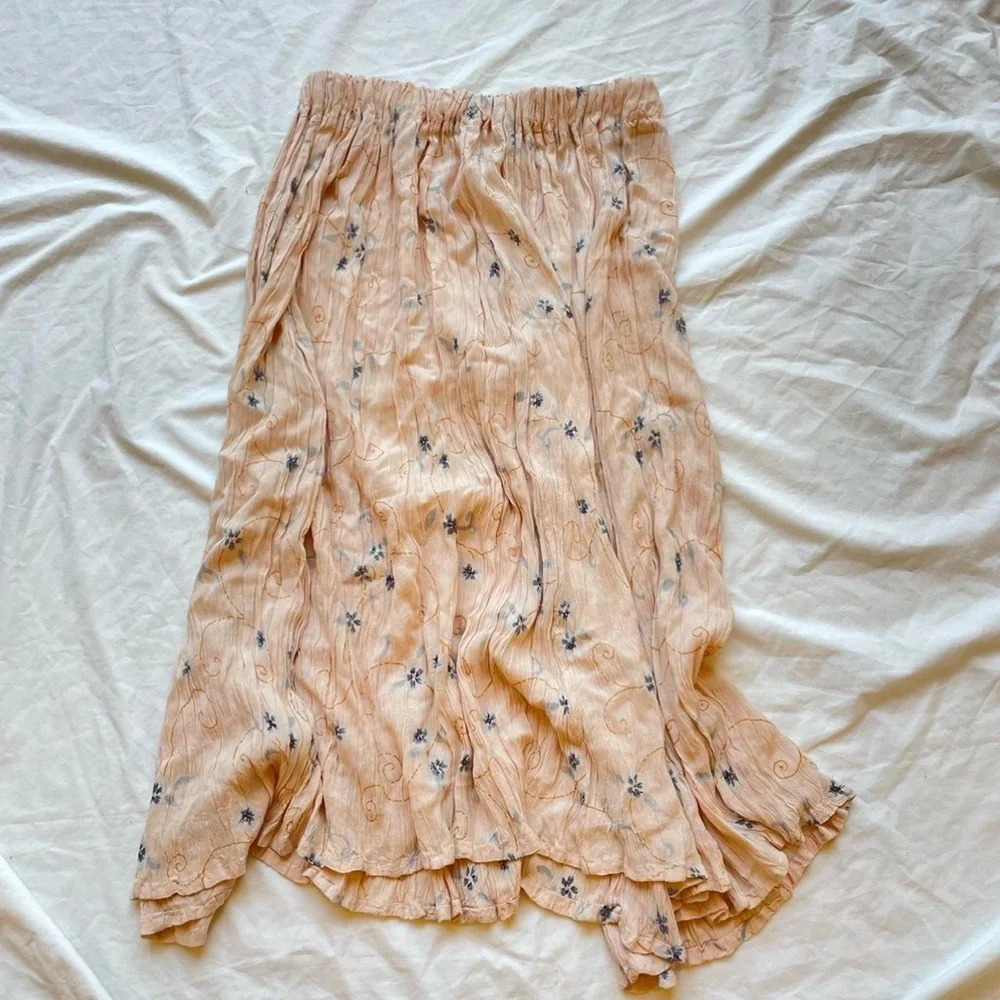 American Vintage Peach Pink Orange Floral Ruffle Pleated Maxi Skirt